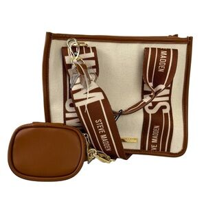 NWT Steve Madden BWebber Canvas Satchel Bag Cream Natural Crossbody Logo Strap